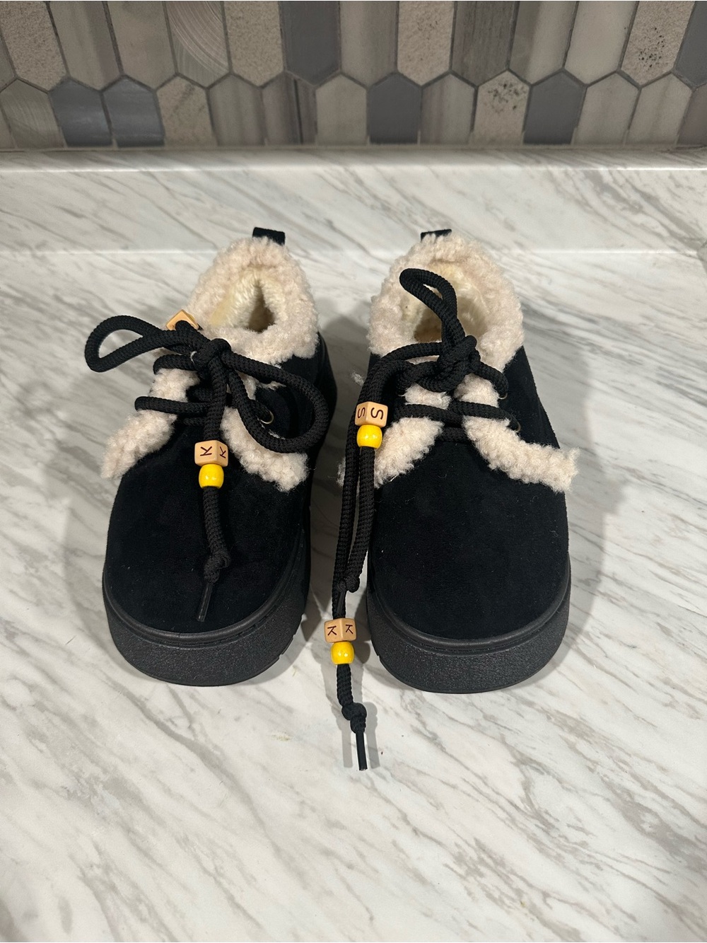 Black Suede-Look Fuzzy Lined Platform Sneakers